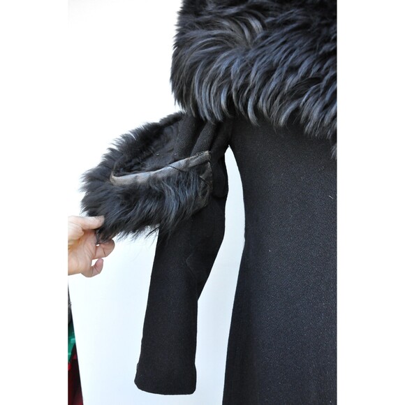 Vintage Wool Coat w/ Huge Fox Fur Collar & Fur on Sleeves Goth Steampunk 80s XS - Picture 6 of 10